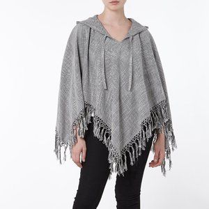Organic Linen Cotton Poncho Fringe Hood Handwoven